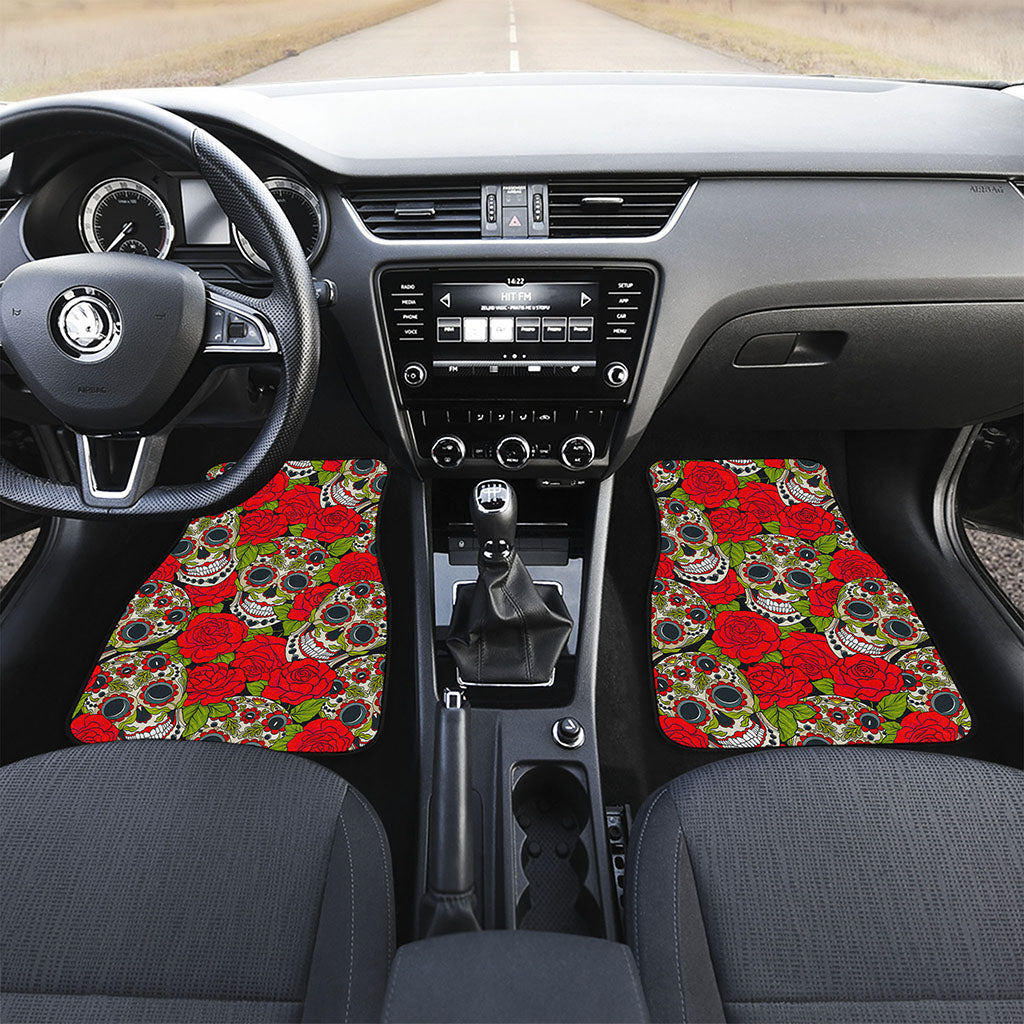 Rose Floral Sugar Skull Pattern Print Front Car Floor Mats