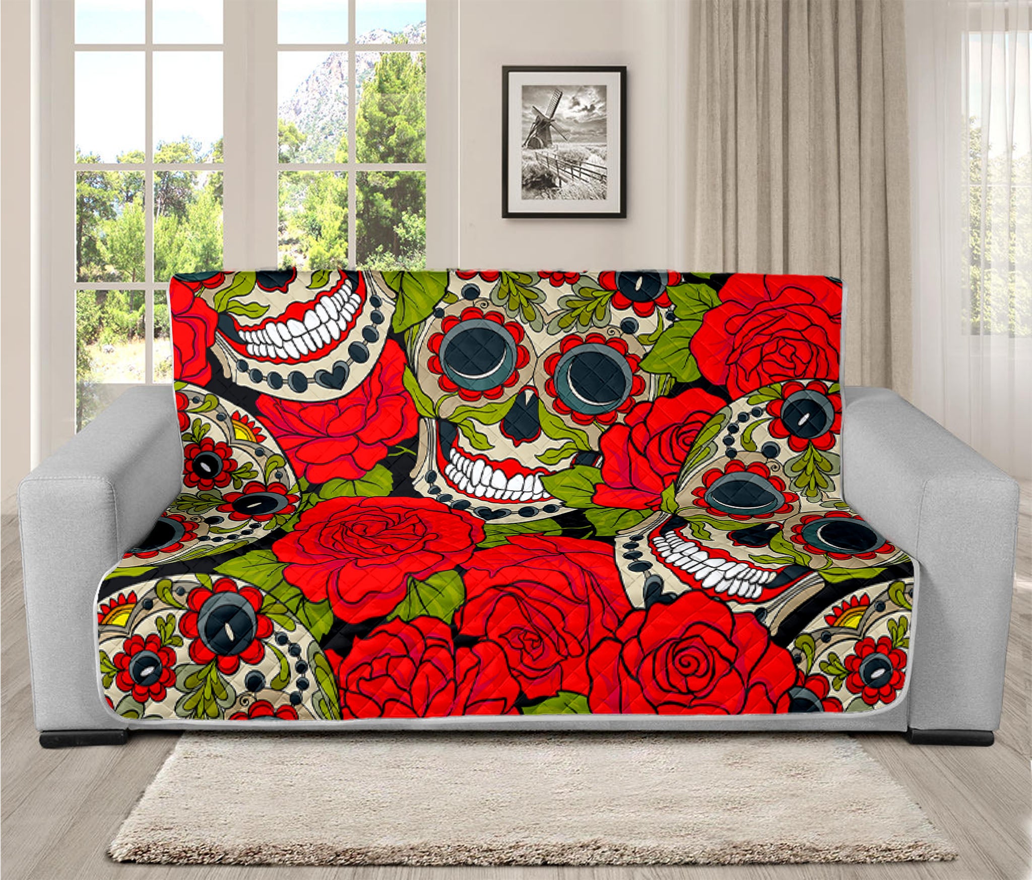 Rose Floral Sugar Skull Pattern Print Futon Protector