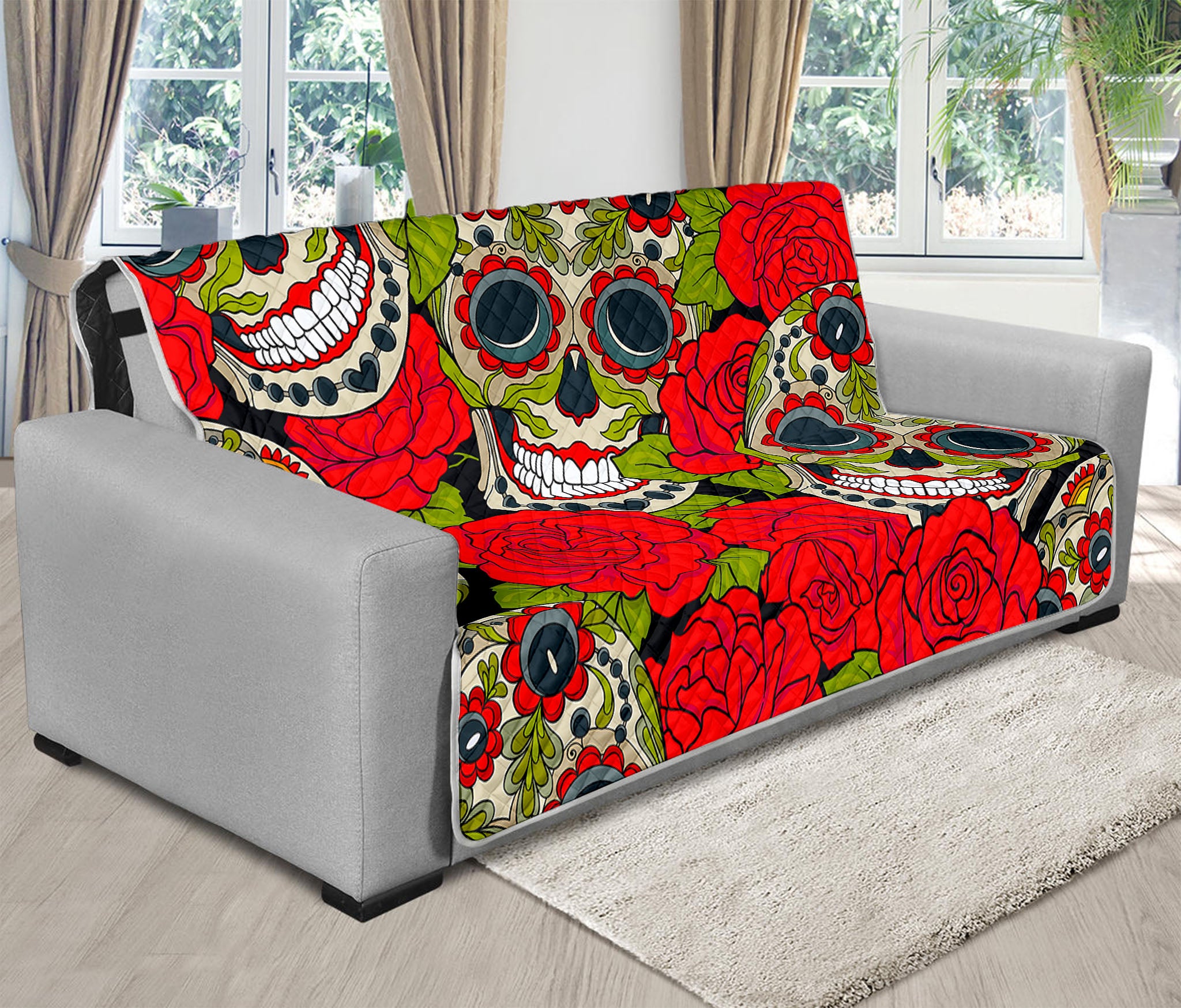 Rose Floral Sugar Skull Pattern Print Futon Protector