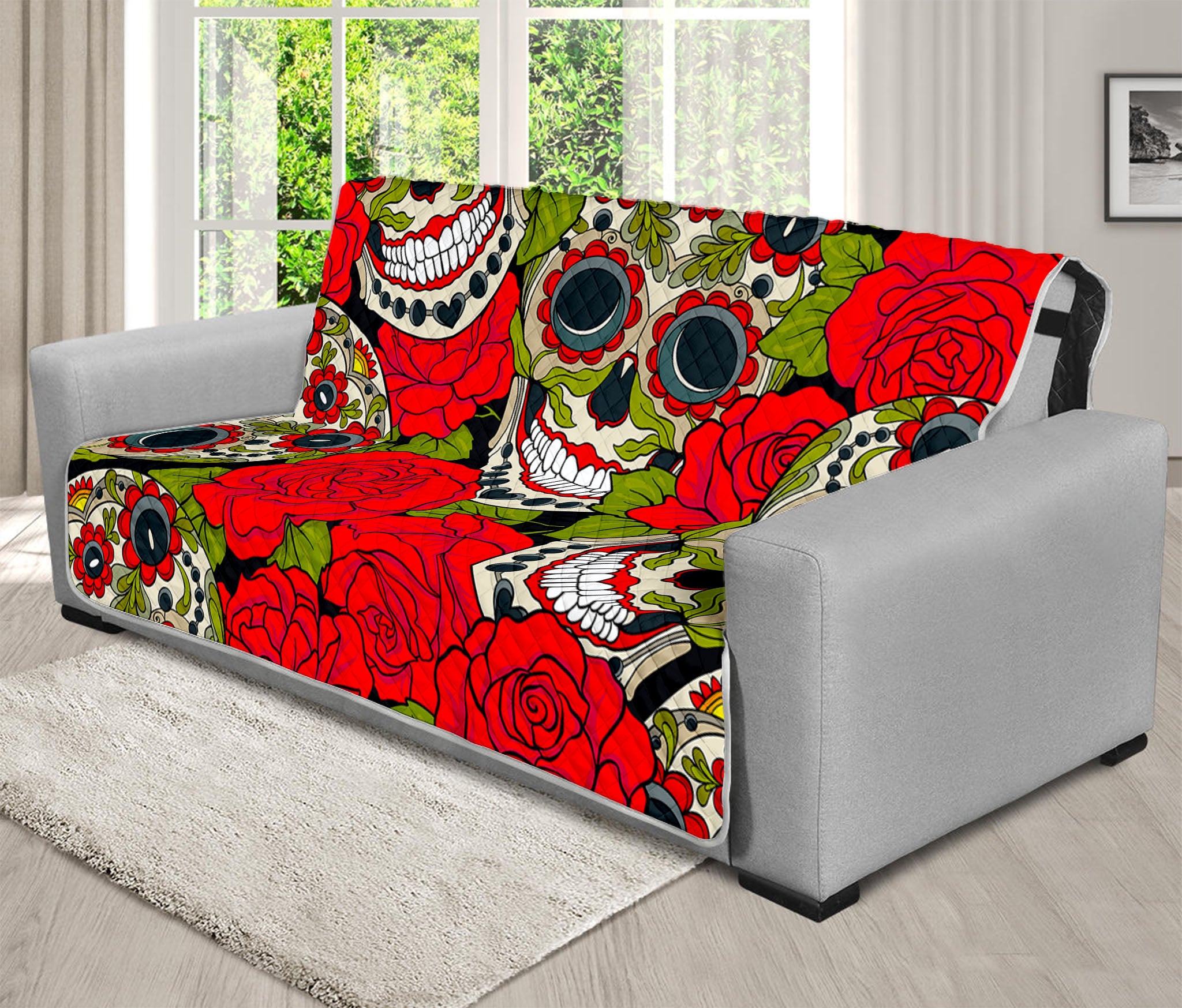 Rose Floral Sugar Skull Pattern Print Futon Protector