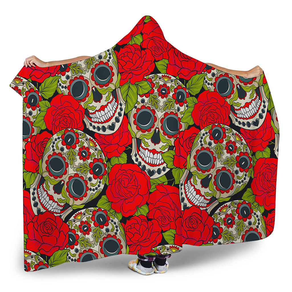 Rose Floral Sugar Skull Pattern Print Hooded Blanket