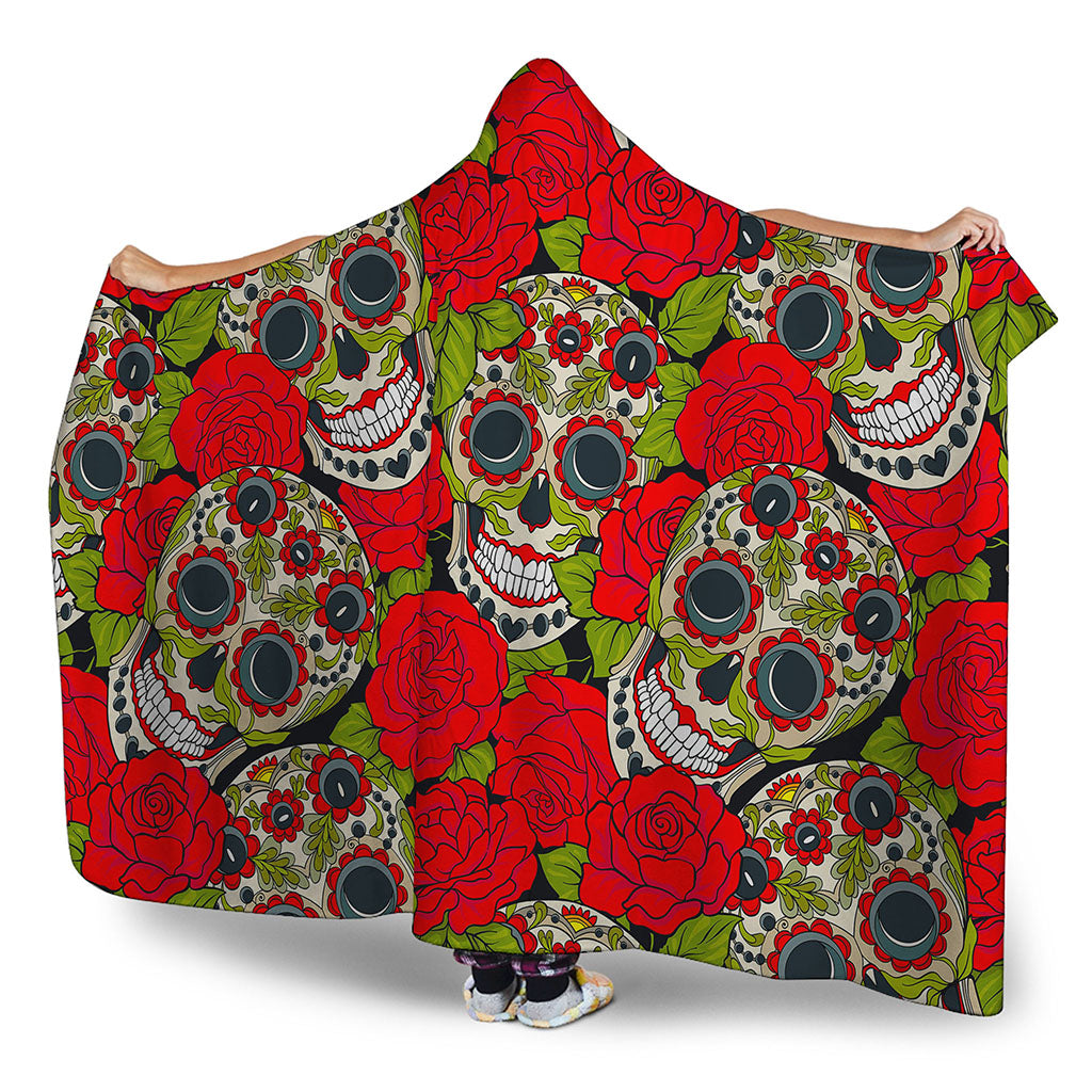 Rose Floral Sugar Skull Pattern Print Hooded Blanket