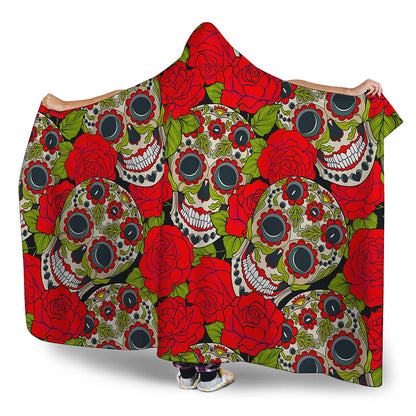 Rose Floral Sugar Skull Pattern Print Hooded Blanket