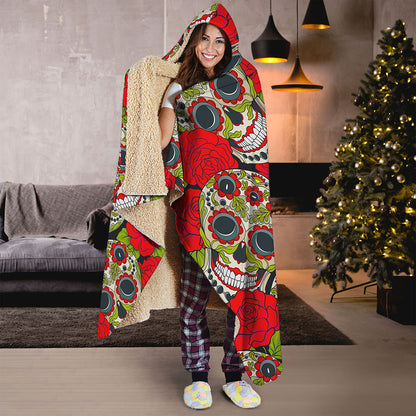 Rose Floral Sugar Skull Pattern Print Hooded Blanket