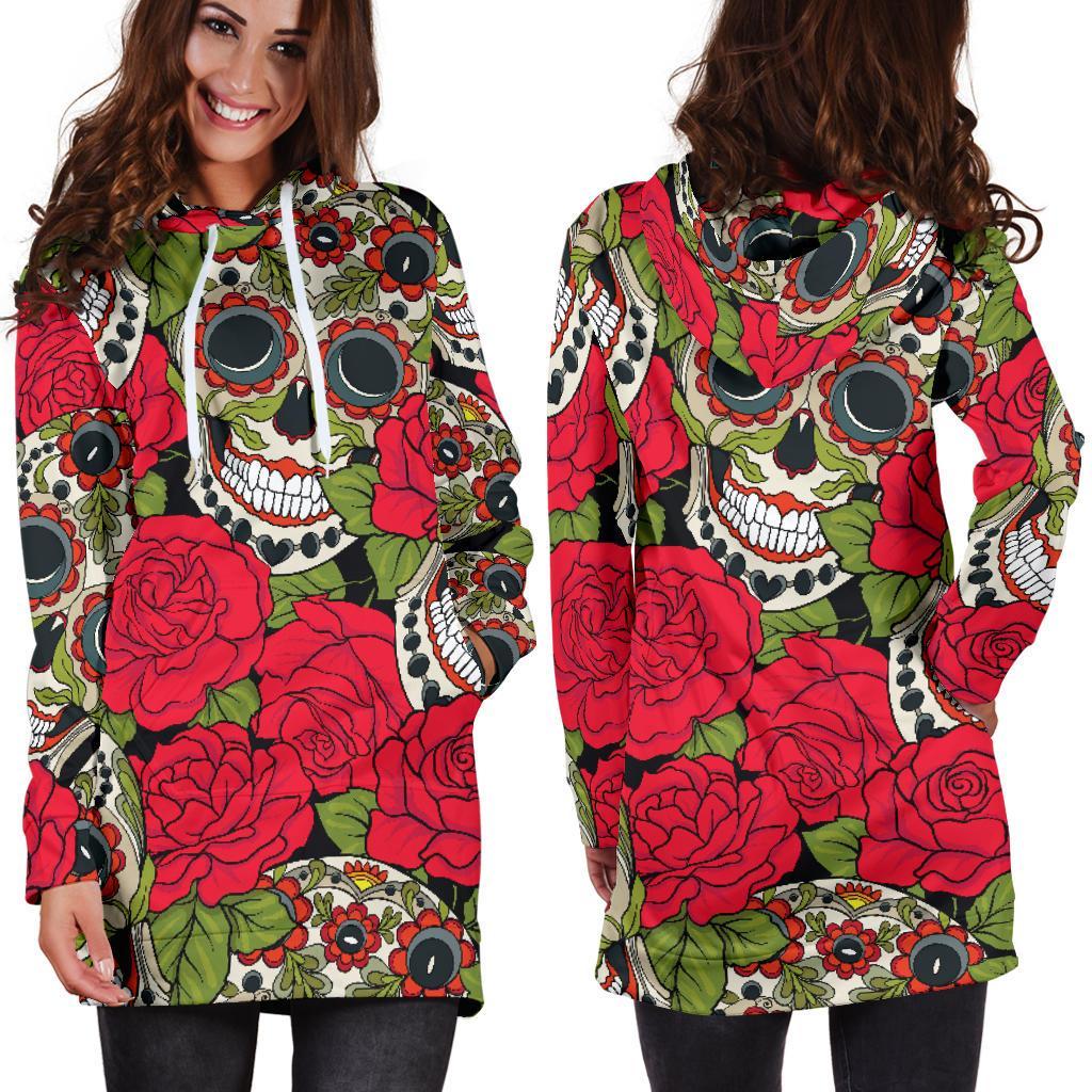 Rose Floral Sugar Skull Pattern Print Hoodie Dress GearFrost