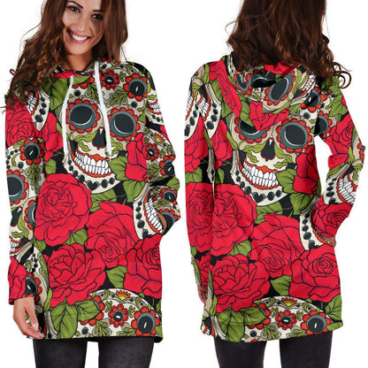 Rose Floral Sugar Skull Pattern Print Hoodie Dress GearFrost