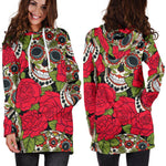 Rose Floral Sugar Skull Pattern Print Hoodie Dress GearFrost