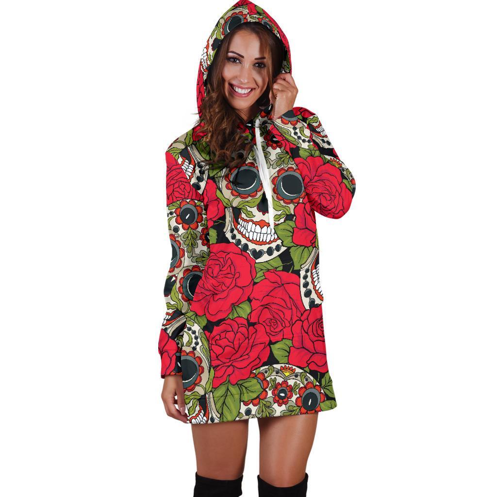 Rose Floral Sugar Skull Pattern Print Hoodie Dress GearFrost