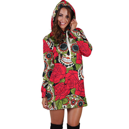 Rose Floral Sugar Skull Pattern Print Hoodie Dress GearFrost