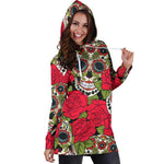 Rose Floral Sugar Skull Pattern Print Hoodie Dress GearFrost