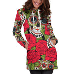 Rose Floral Sugar Skull Pattern Print Hoodie Dress GearFrost