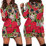 Rose Floral Sugar Skull Pattern Print Hoodie Dress GearFrost