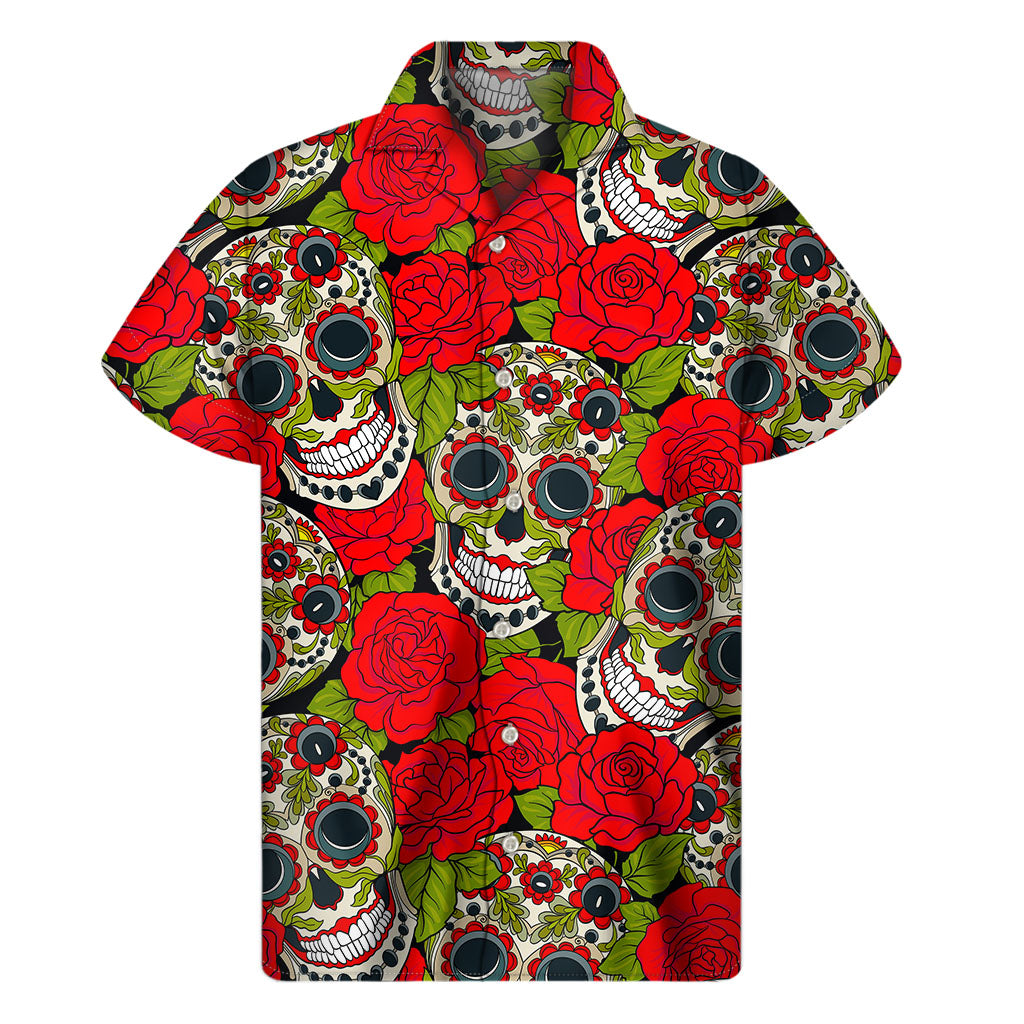Rose Floral Sugar Skull Pattern Print Men's Short Sleeve Shirt