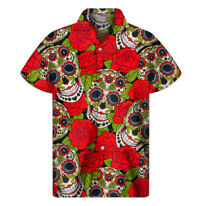 Rose Floral Sugar Skull Pattern Print Men's Short Sleeve Shirt