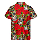 Rose Floral Sugar Skull Pattern Print Men's Short Sleeve Shirt