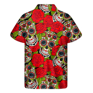 Rose Floral Sugar Skull Pattern Print Men's Short Sleeve Shirt