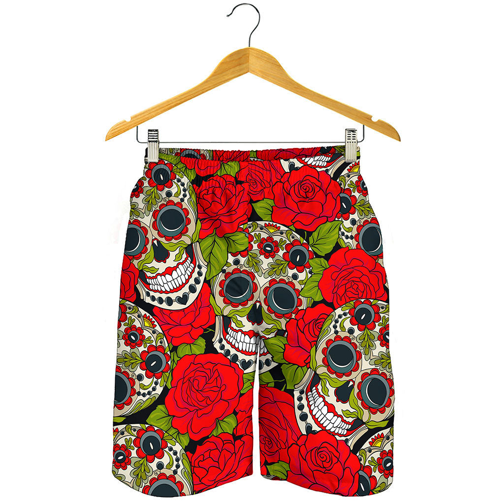 Rose Floral Sugar Skull Pattern Print Men's Shorts