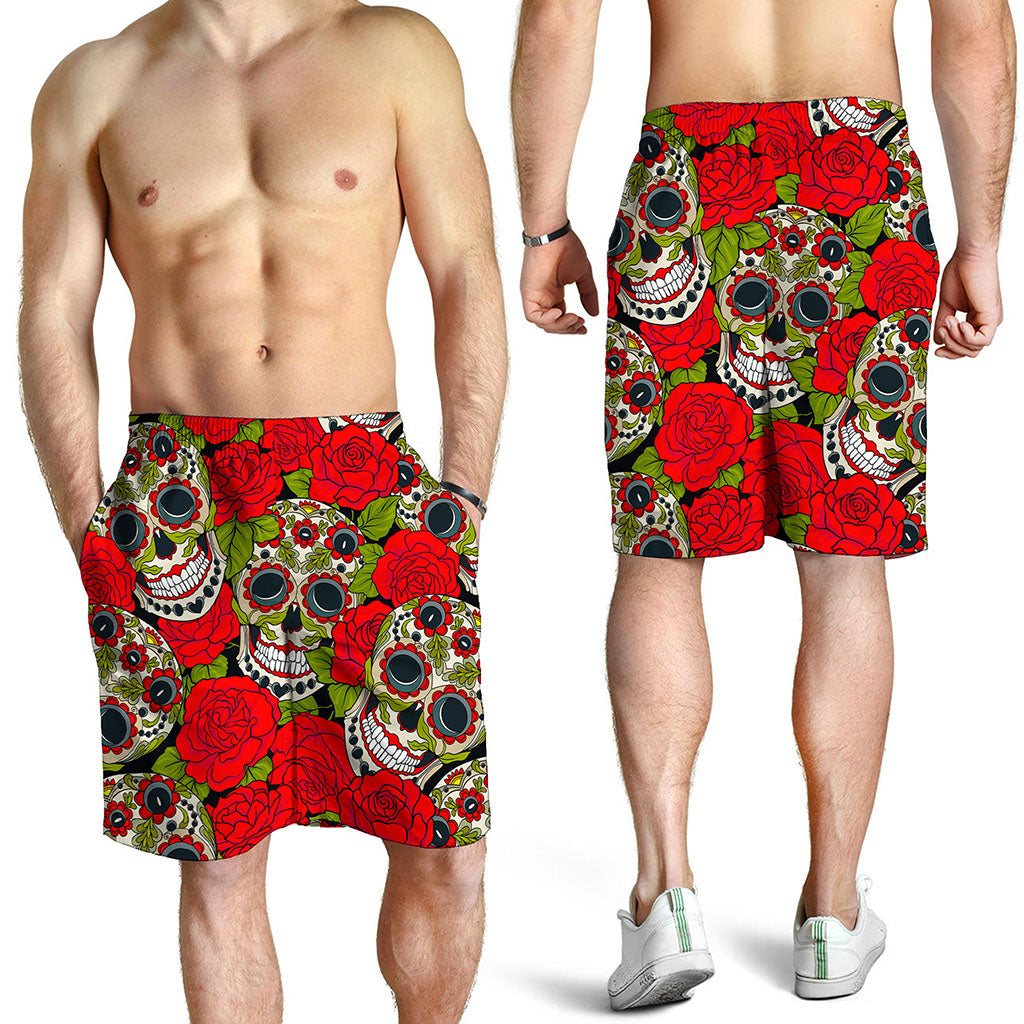 Rose Floral Sugar Skull Pattern Print Men's Shorts