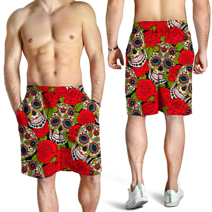 Rose Floral Sugar Skull Pattern Print Men's Shorts
