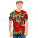 Rose Floral Sugar Skull Pattern Print Men's T-Shirt