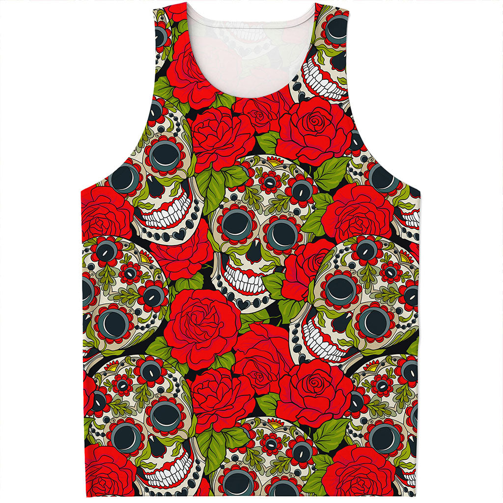 Rose Floral Sugar Skull Pattern Print Men's Tank Top