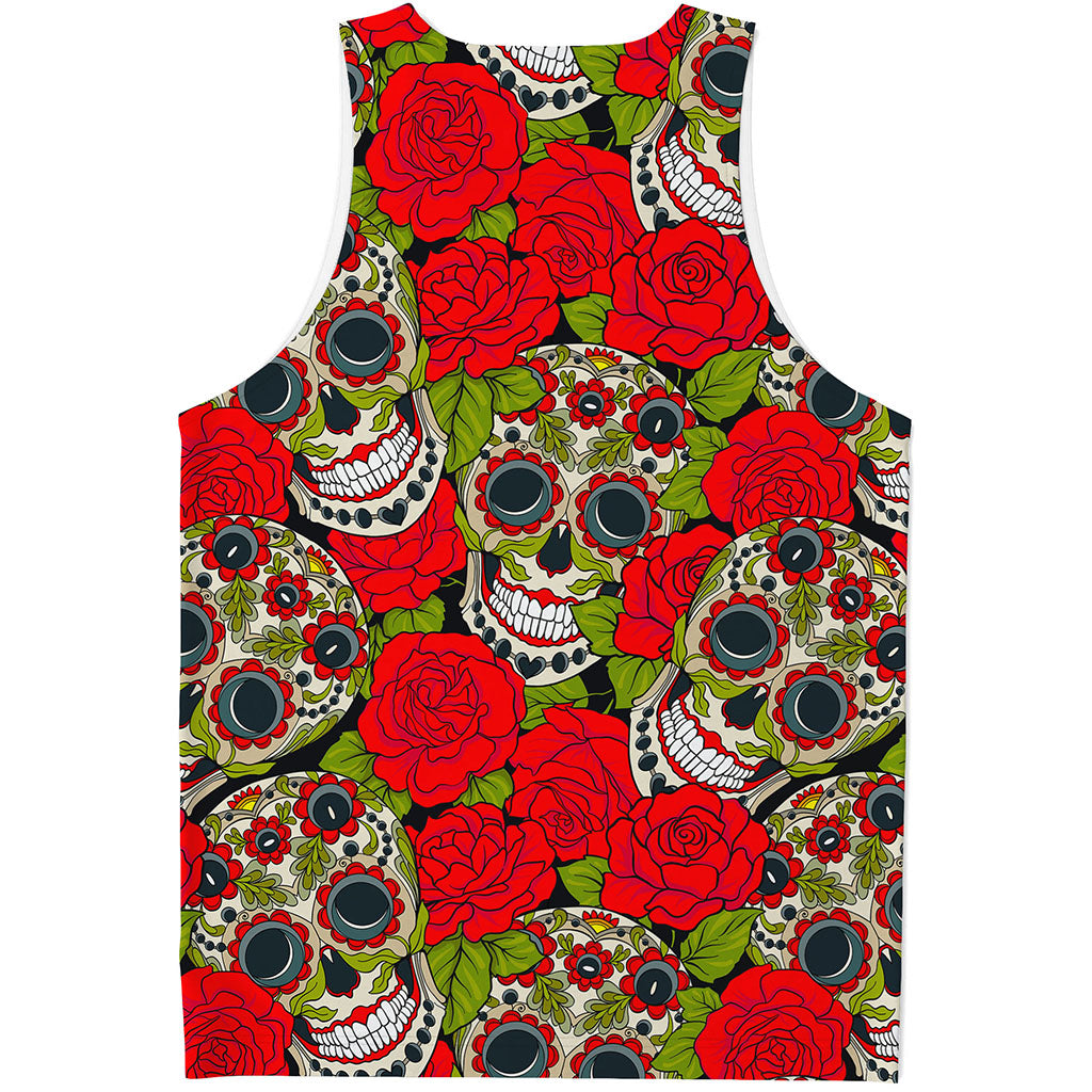 Rose Floral Sugar Skull Pattern Print Men's Tank Top