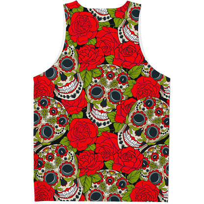 Rose Floral Sugar Skull Pattern Print Men's Tank Top