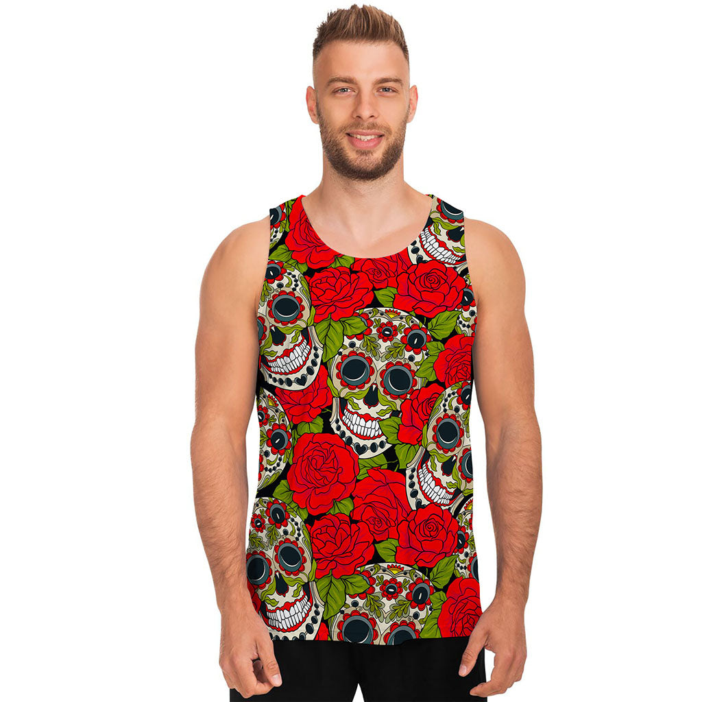 Rose Floral Sugar Skull Pattern Print Men's Tank Top