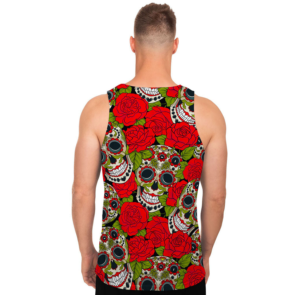 Rose Floral Sugar Skull Pattern Print Men's Tank Top