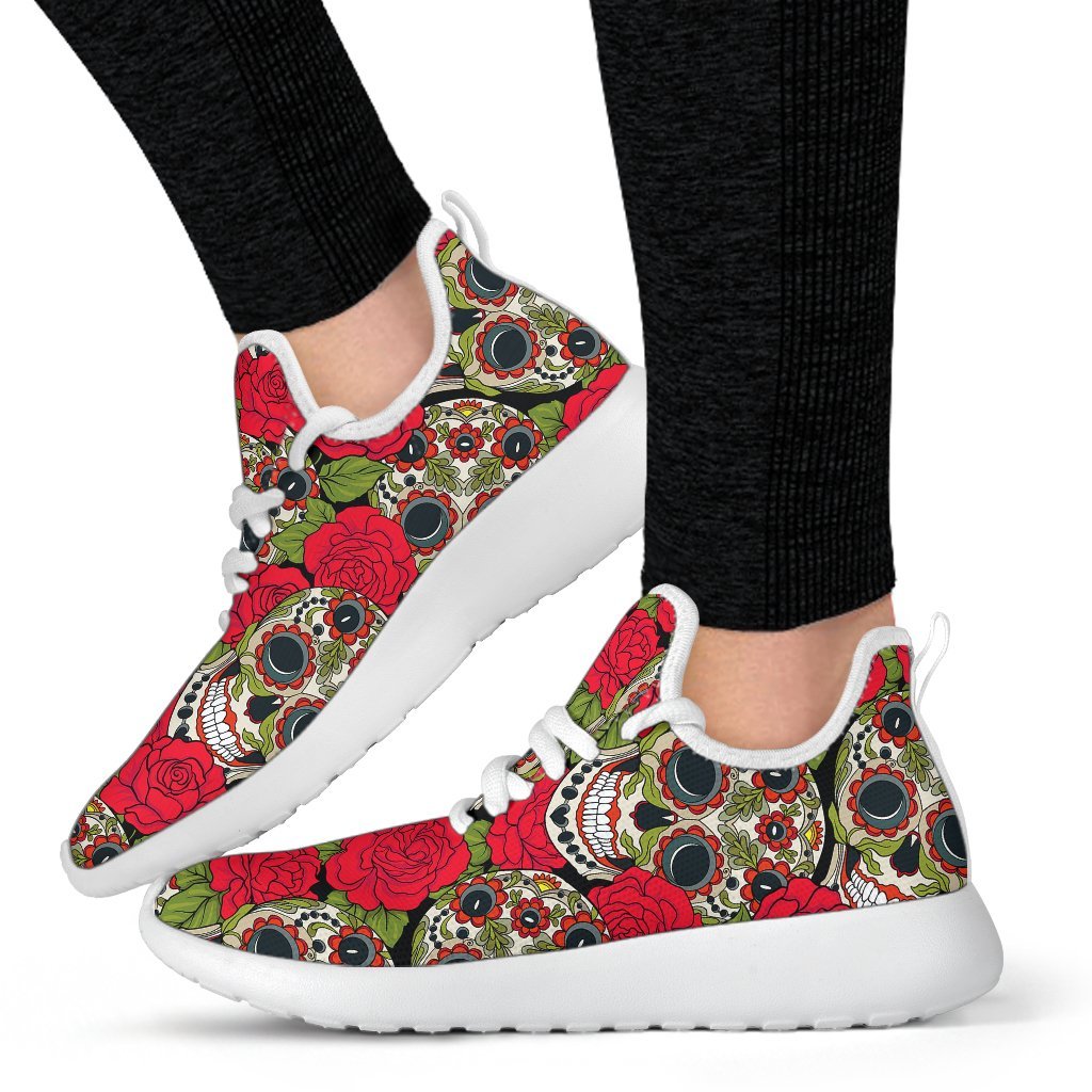 Rose Floral Sugar Skull Pattern Print Mesh Knit Shoes GearFrost