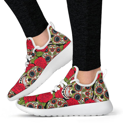 Rose Floral Sugar Skull Pattern Print Mesh Knit Shoes GearFrost