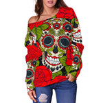 Rose Floral Sugar Skull Pattern Print Off Shoulder Sweatshirt GearFrost