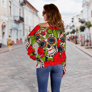 Rose Floral Sugar Skull Pattern Print Off Shoulder Sweatshirt GearFrost