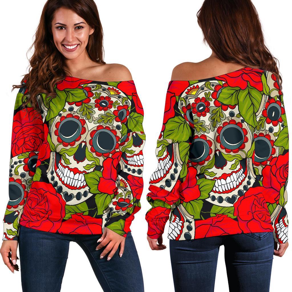 Rose Floral Sugar Skull Pattern Print Off Shoulder Sweatshirt GearFrost