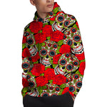 Rose Floral Sugar Skull Pattern Print Pullover Hoodie