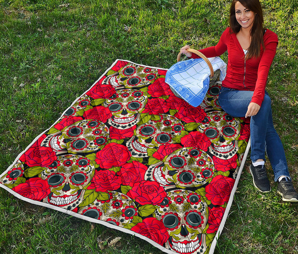 Rose Floral Sugar Skull Pattern Print Quilt