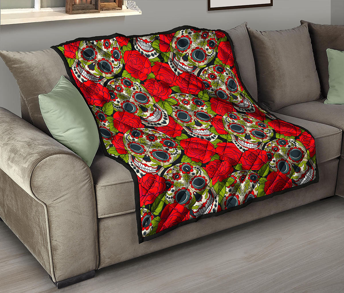Rose Floral Sugar Skull Pattern Print Quilt