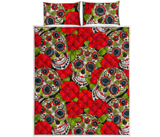 Rose Floral Sugar Skull Pattern Print Quilt Bed Set