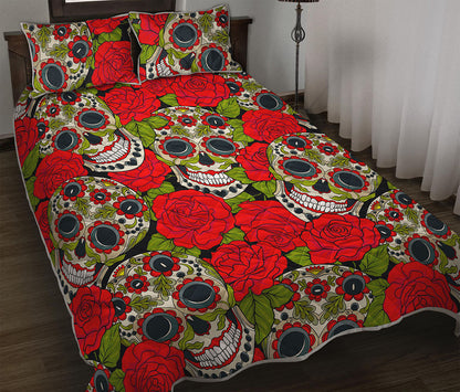 Rose Floral Sugar Skull Pattern Print Quilt Bed Set
