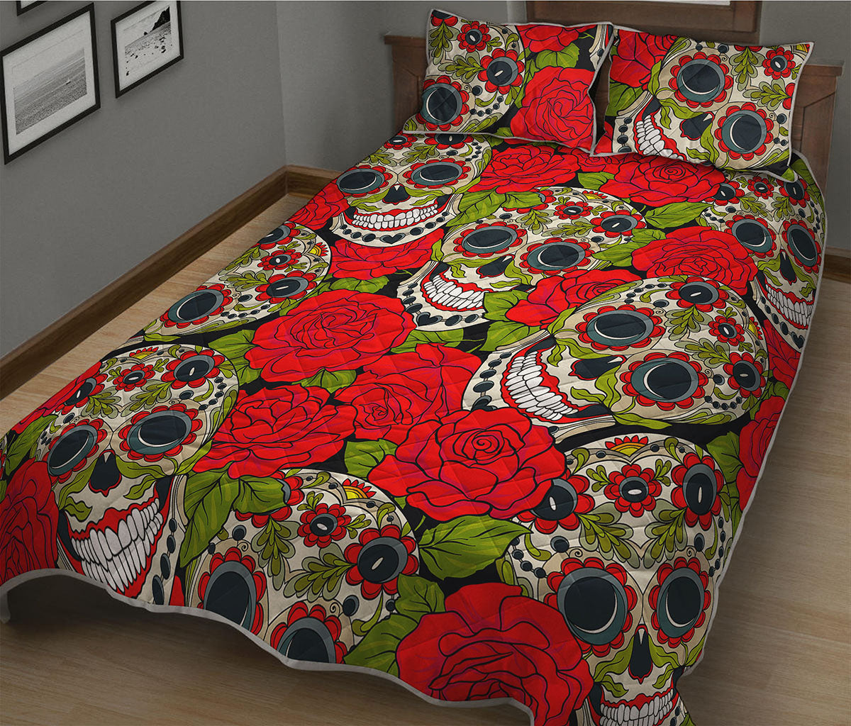 Rose Floral Sugar Skull Pattern Print Quilt Bed Set