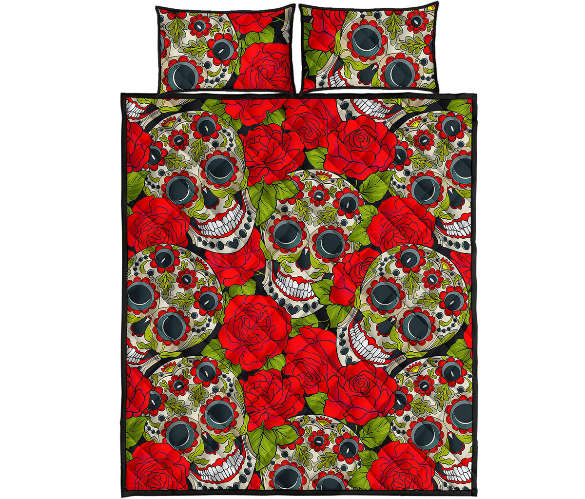 Rose Floral Sugar Skull Pattern Print Quilt Bed Set