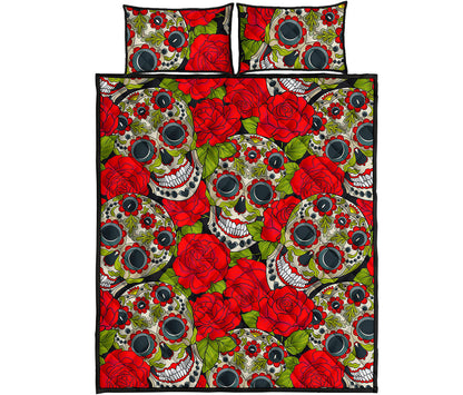 Rose Floral Sugar Skull Pattern Print Quilt Bed Set