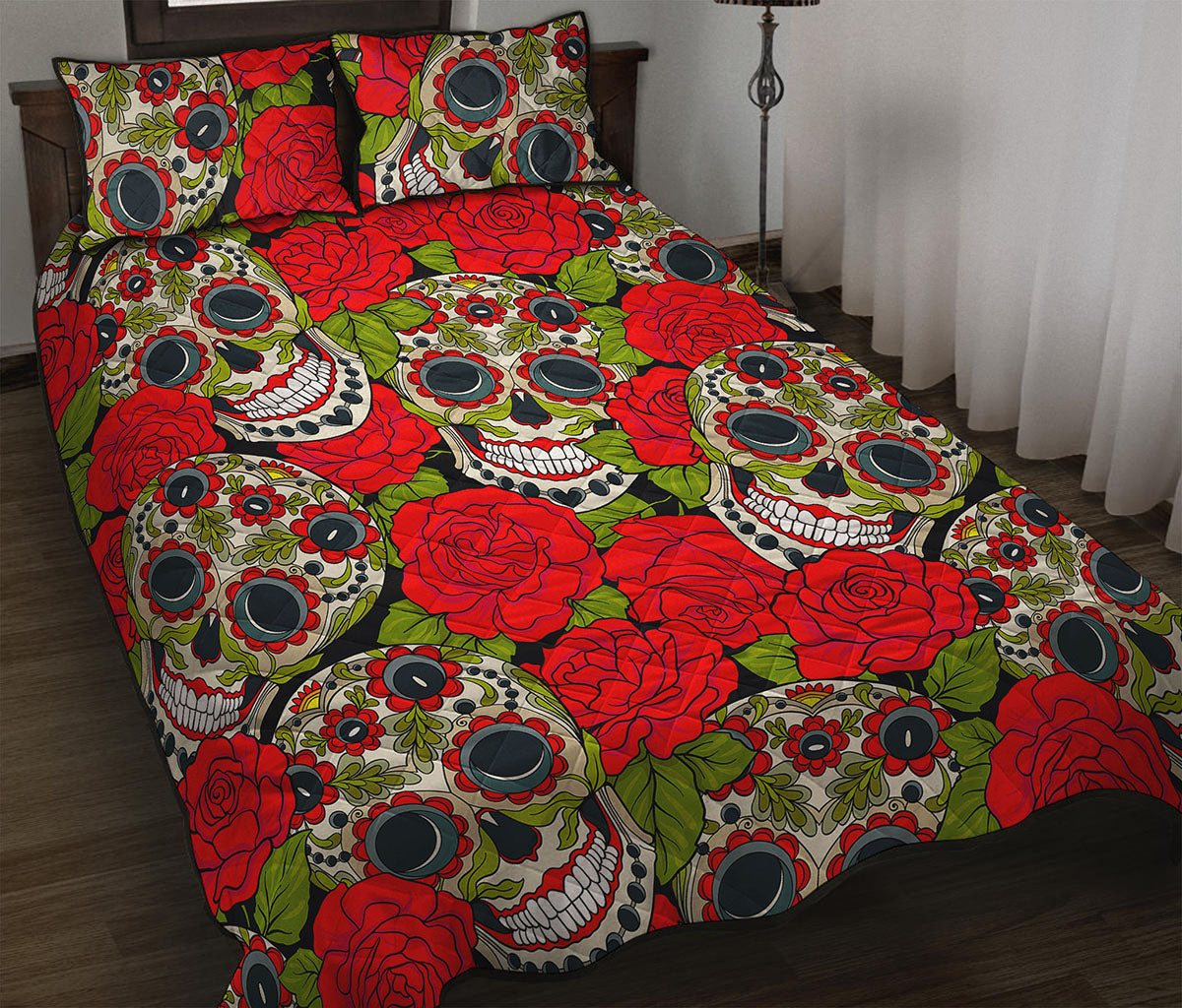 Rose Floral Sugar Skull Pattern Print Quilt Bed Set