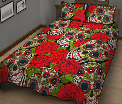Rose Floral Sugar Skull Pattern Print Quilt Bed Set