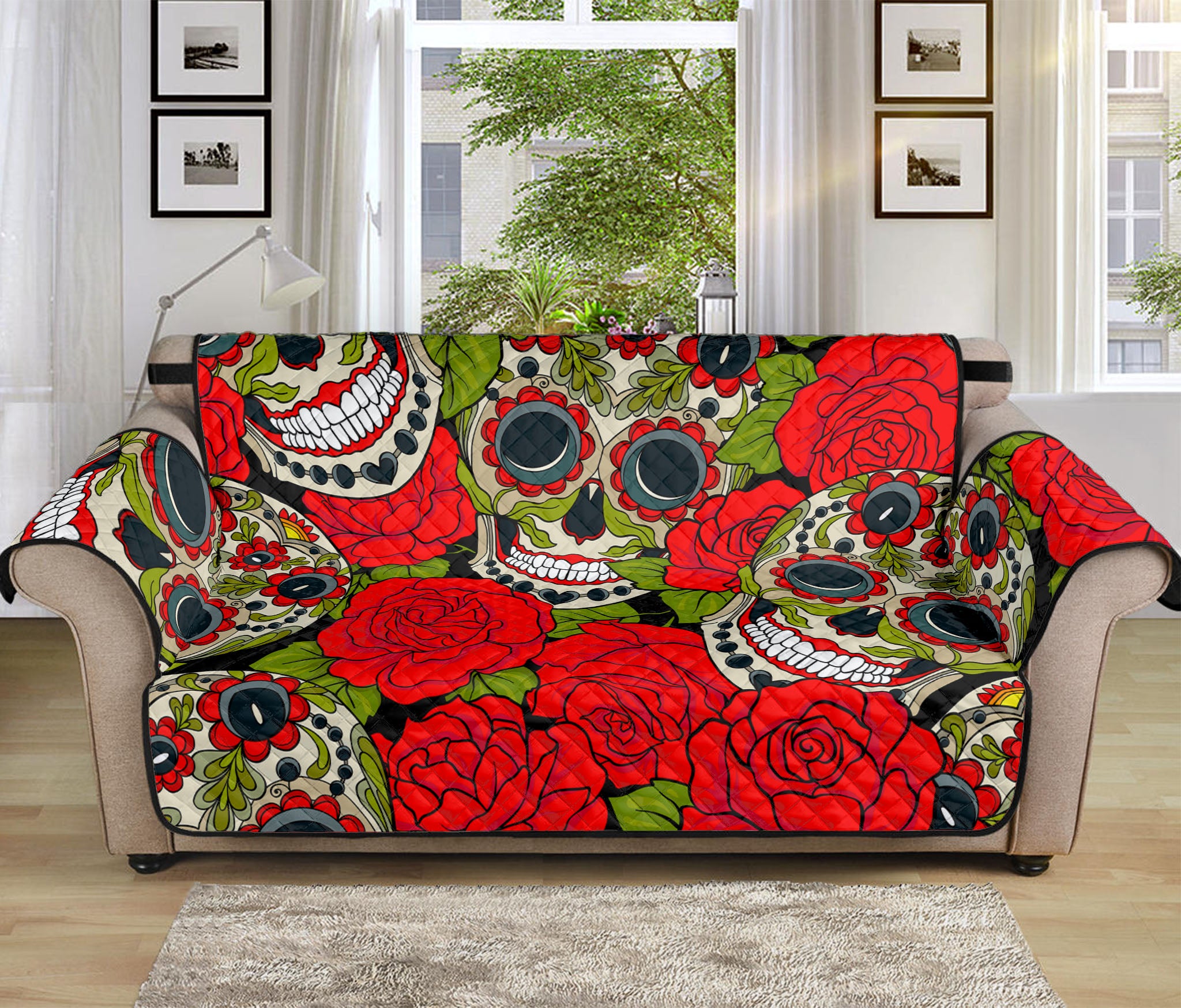 Rose Floral Sugar Skull Pattern Print Sofa Protector