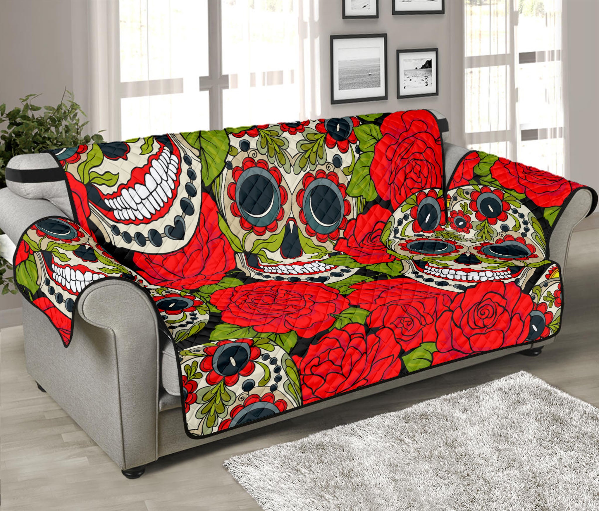 Rose Floral Sugar Skull Pattern Print Sofa Protector