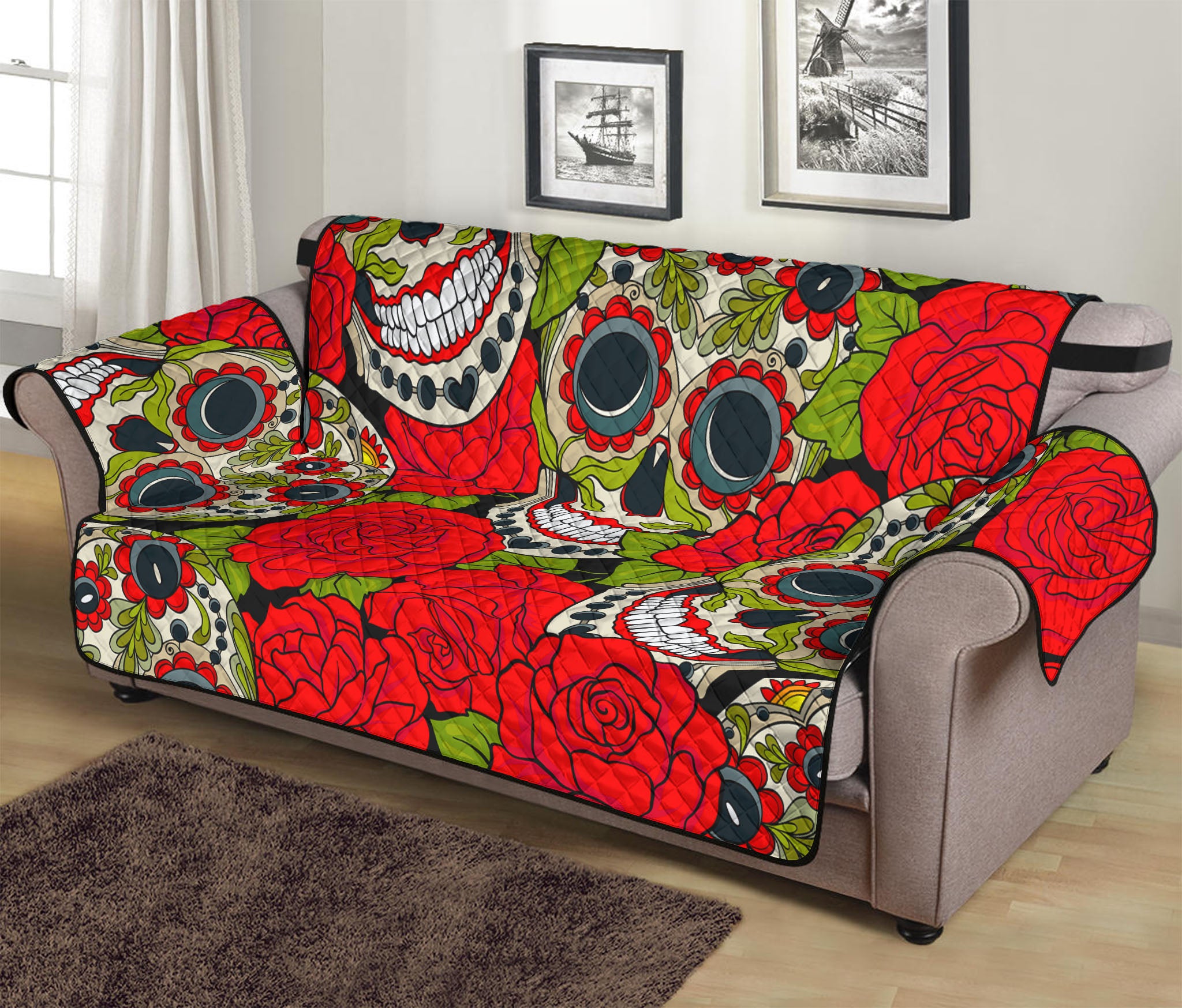 Rose Floral Sugar Skull Pattern Print Sofa Protector