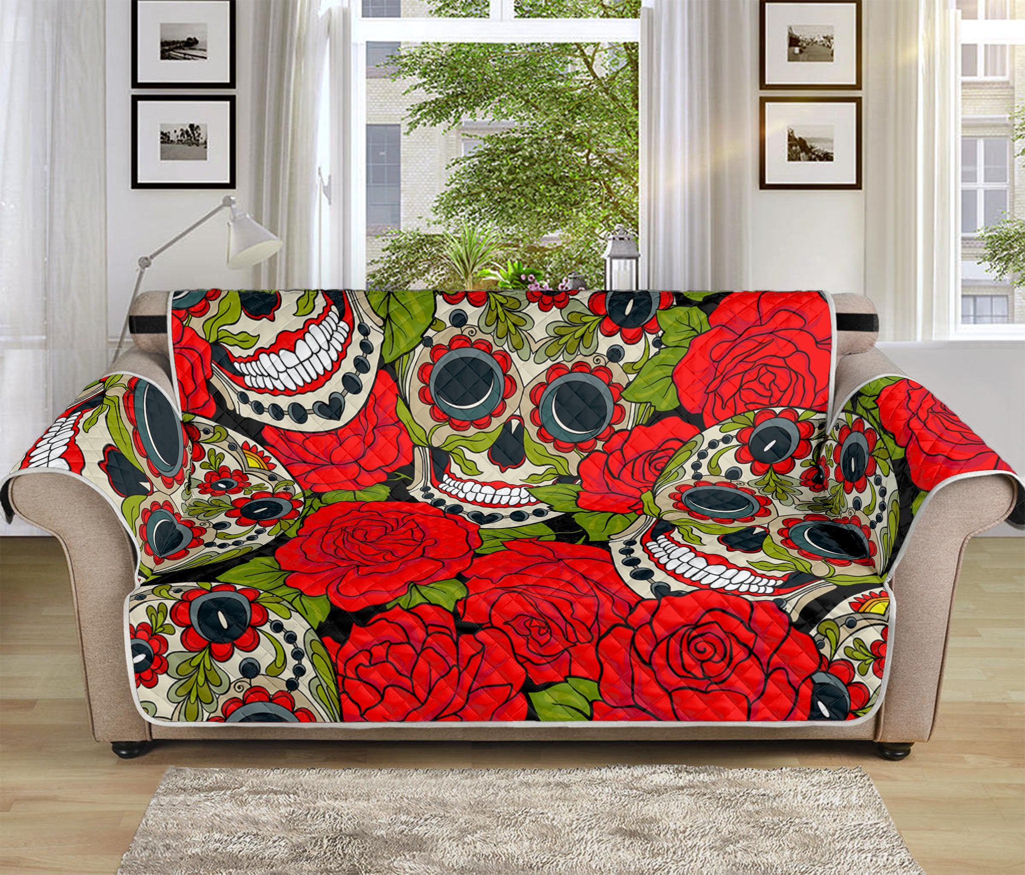 Rose Floral Sugar Skull Pattern Print Sofa Protector