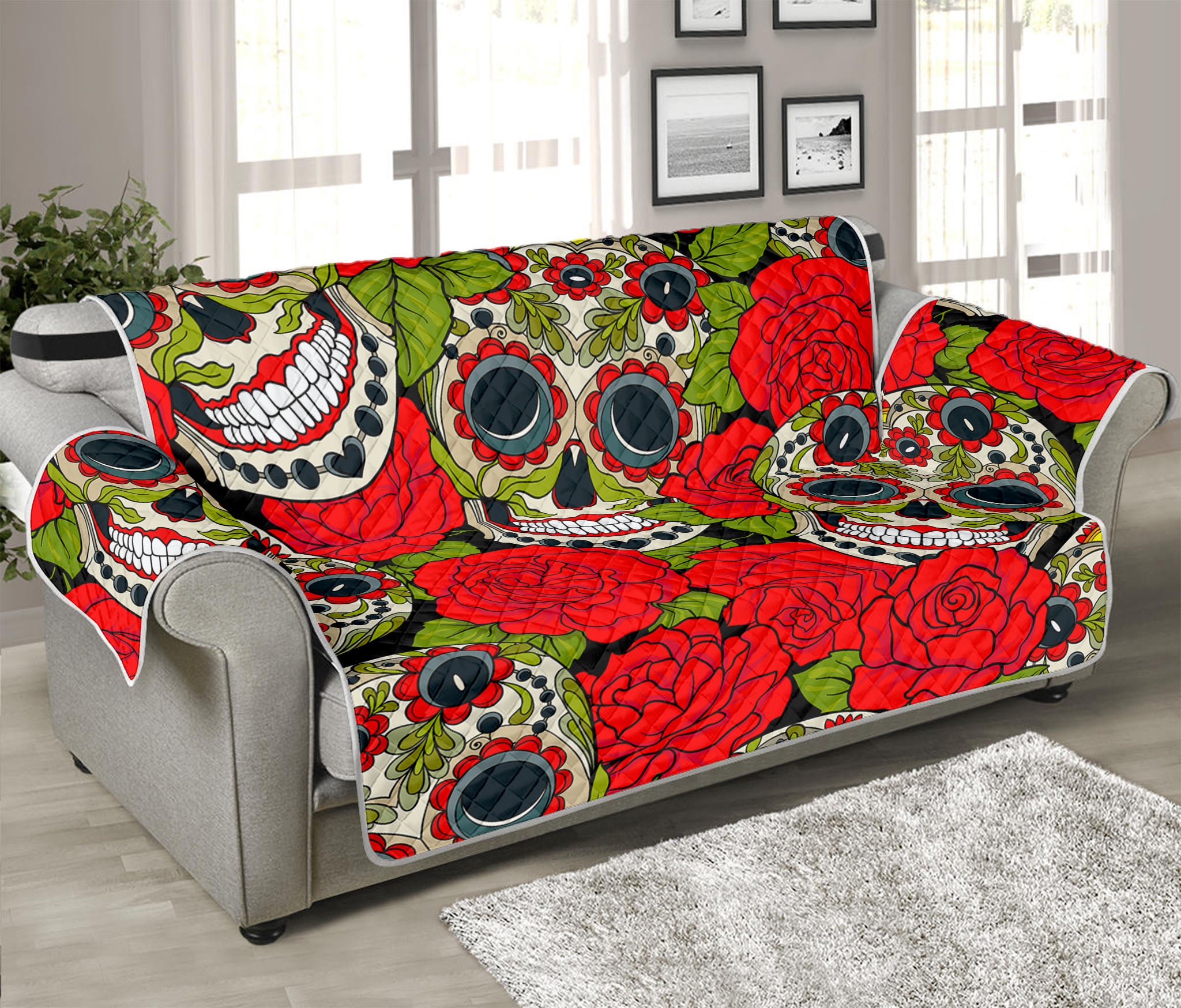 Rose Floral Sugar Skull Pattern Print Sofa Protector