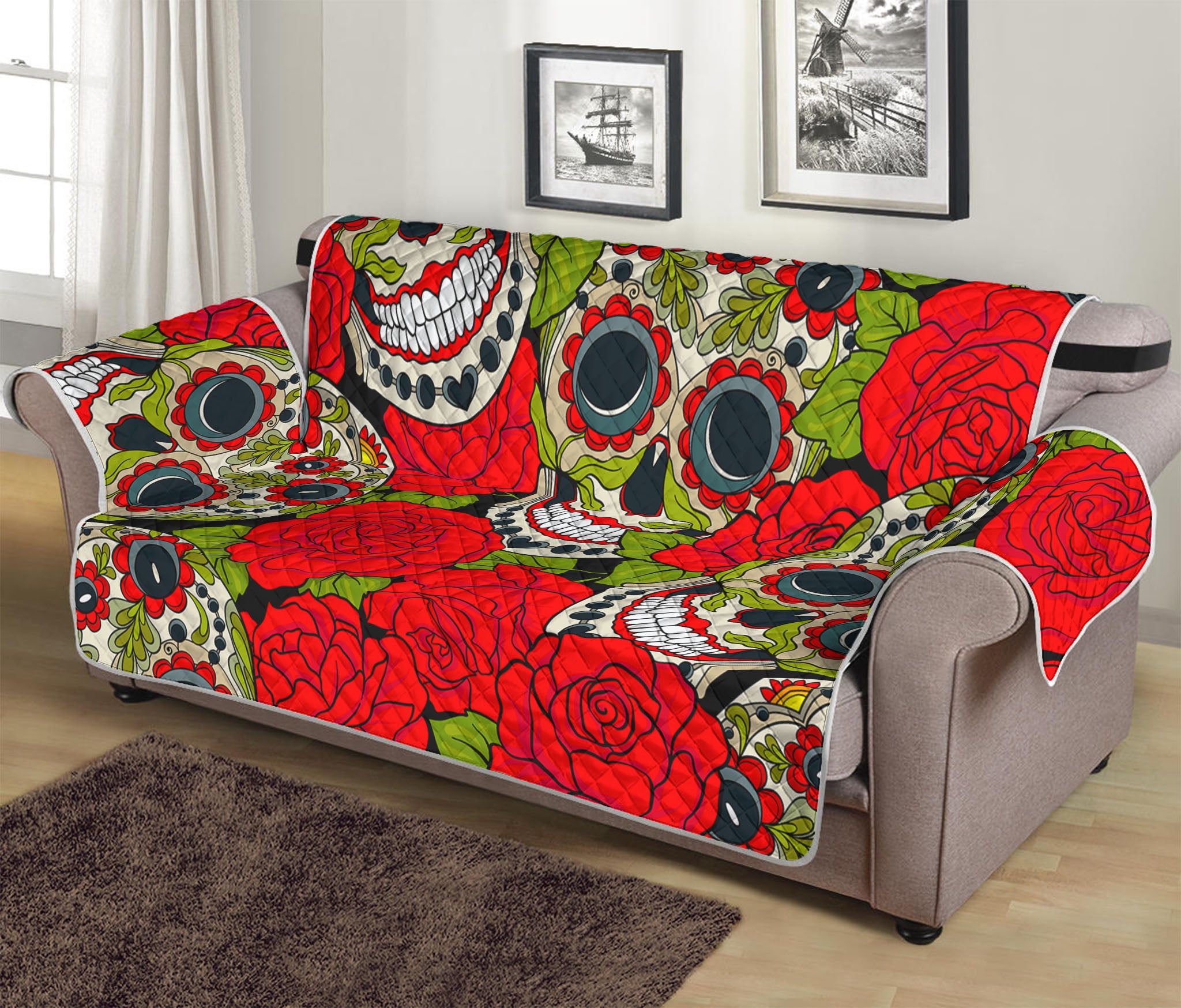 Rose Floral Sugar Skull Pattern Print Sofa Protector